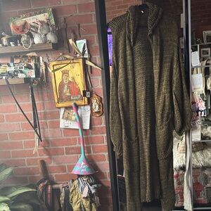 Free People Knit Hooded Long Cardigan in Olive Green an black